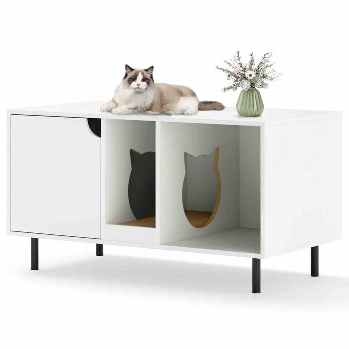 Costway Cat Litter Box Pet House W/scratching Board Enclosure Cabinet White