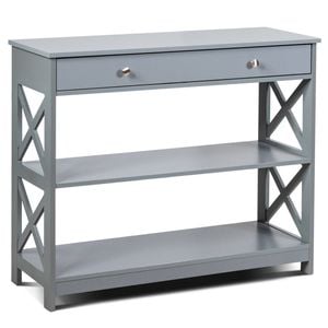 Costway 3-tier Wood Console Table Hallway Display Desk W/drawer & Open Shelf Grey