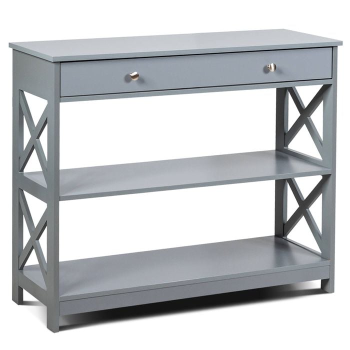 Costway 3-tier Wood Console Table Hallway Display Desk W/drawer & Open Shelf Grey