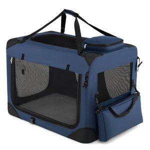 Costway 84cm Collapsible Soft Dog Crate Portable Dog Travel Crate w/Mesh Windows Removable Fleece Bed-Blue