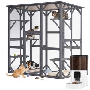 Advwin Large Wooden Cat Enclosure Cage + 6L Automatic Cat Feeder with App Control