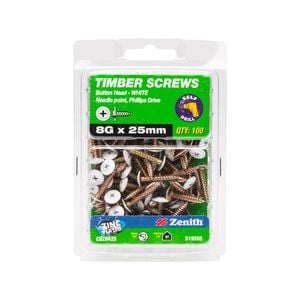 Zenith 8G x 25mm Zinc Plated Needle Point White Button Head Timber Screw - 100 Pack