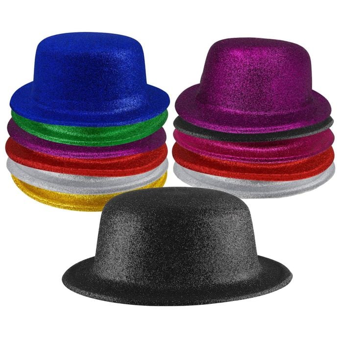 12x GLITTER BOWLER HAT Fancy Party Plastic Costume Cap Fun Dress Up Sparkle BULK Assorted Colour Pack