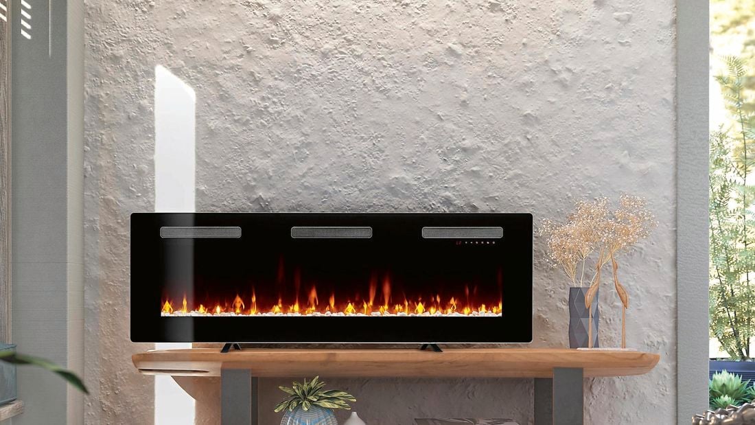 Electric fireplace on industrial shelf in living room