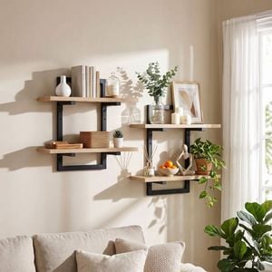 HOMFURN Set of 2 Floating Shelves – Industrial 2-Tier, Wood Finish & Black Brackets, for Bathroom Kitchen Office