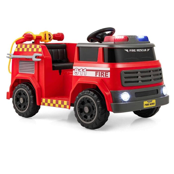 Costway Kid 12V Ride on Fire Truck Car Water Canon Interphone Siren-Call-Red