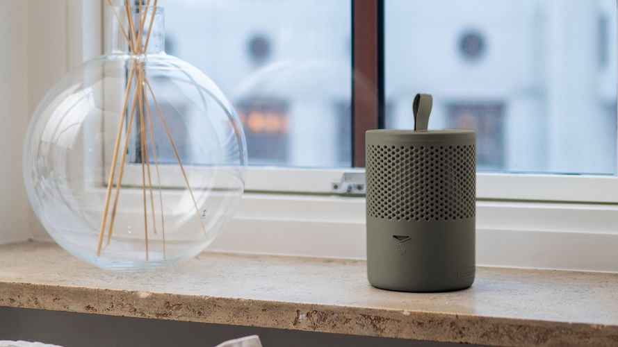Stylish green moisture absorber sitting on a window sill next to a vase