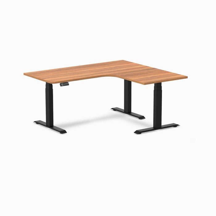 Desky L-shape Sit To Stand Prime Oak Melamine Desk 1600x1400mm - Right Return Height Adjustable Matte Black Leg