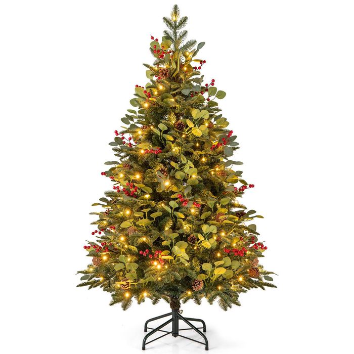 Costway 1.5M Fir Christmas Tree Red Berries Xmas Tree w/160 White LED Lights