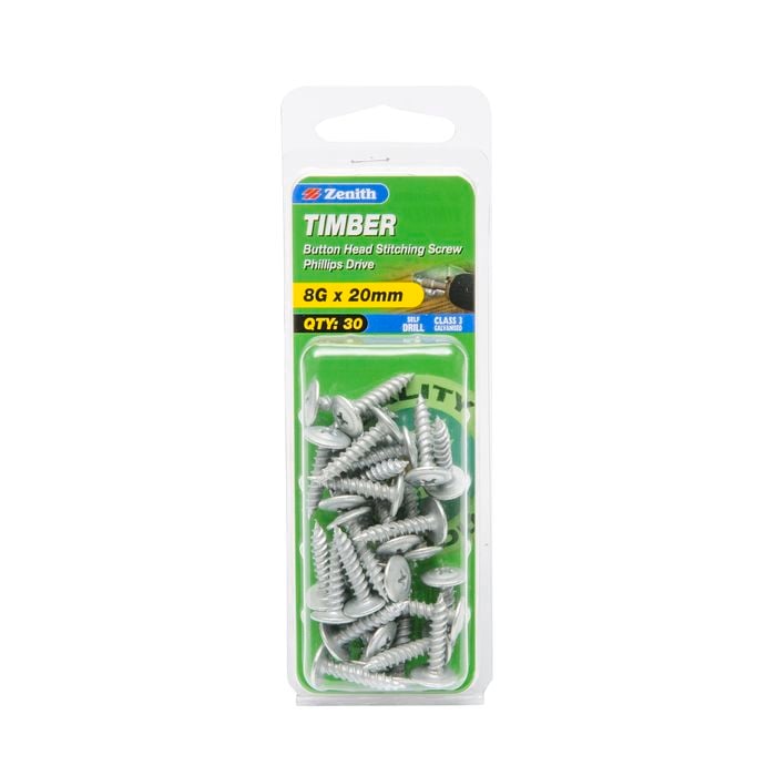 Zenith 8G x 20mm Galvanised Button Head Stitching Timber Screws - 30 Pack