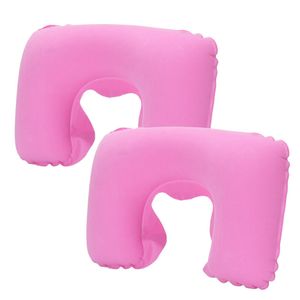 Catzon 2 Pcs Inflatable U-Shaped Pillow Flocked Fabric-Pink