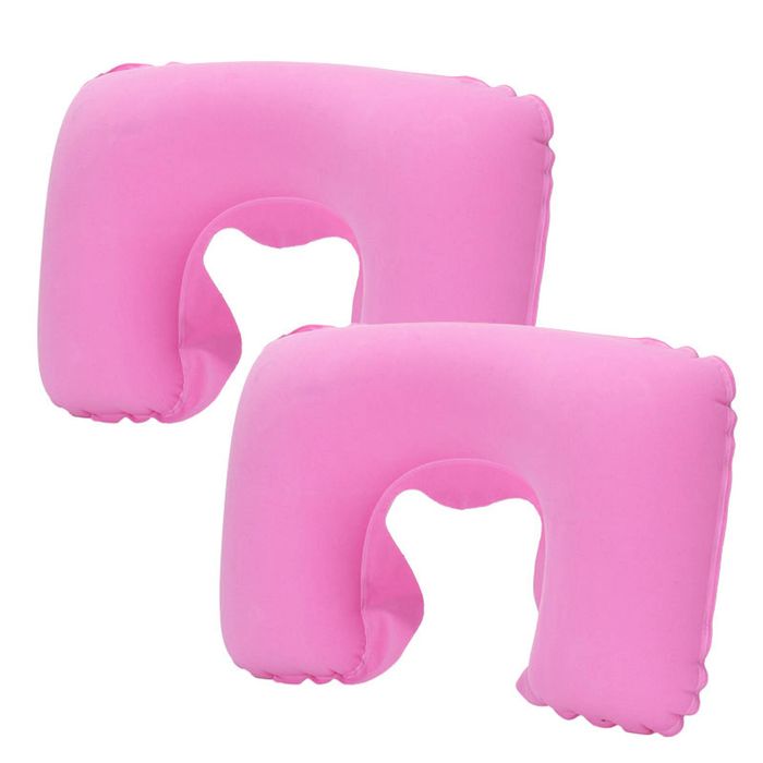 Catzon 2 Pcs Inflatable U-Shaped Pillow Flocked Fabric-Pink