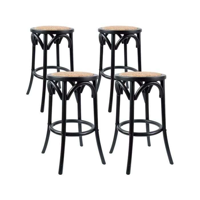 Aster 4pc Round Bar Stools Dining Stool Chair Solid Birch Wood Rattan Seat Black