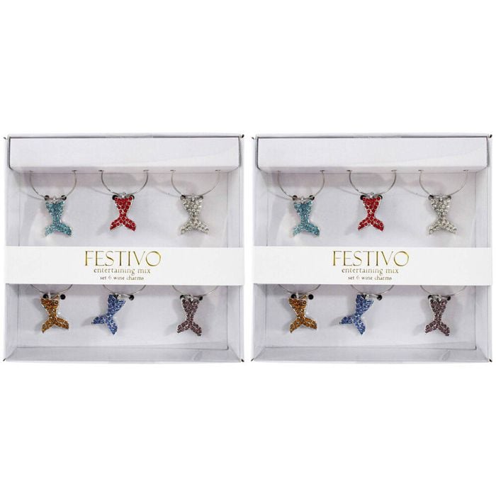 2x 6pc LVD Whale Tails Alloy Wine Glass Charms Set 13x12cm Multicoloured