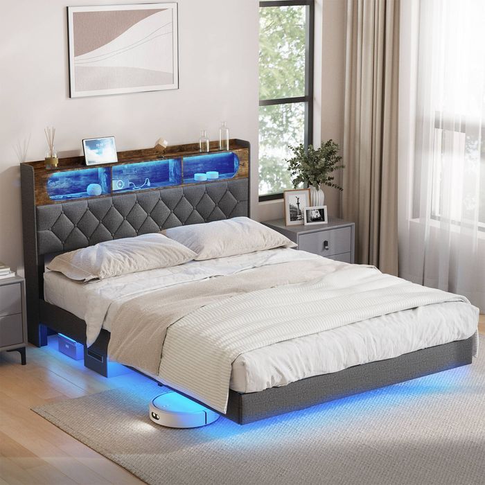 Oikiture Bed Frame Queen Size With LED Storage Headboard & Charging Station