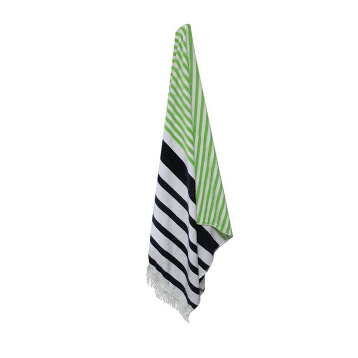Onkaparinga Rainbow Striped Fringe Cotton Beach Towel Green/Navy 86 x 160 cm