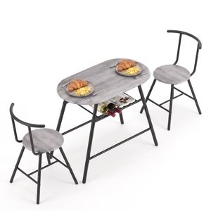 Artiss Oval Dining Table Set 3PC Space-Saving Bistro Kitchen Storage Wine Rack Grey