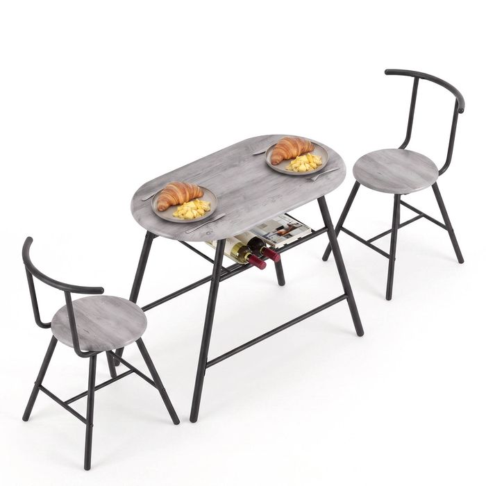 Artiss Oval Dining Table Set 3PC Space-Saving Bistro Kitchen Storage Wine Rack Grey