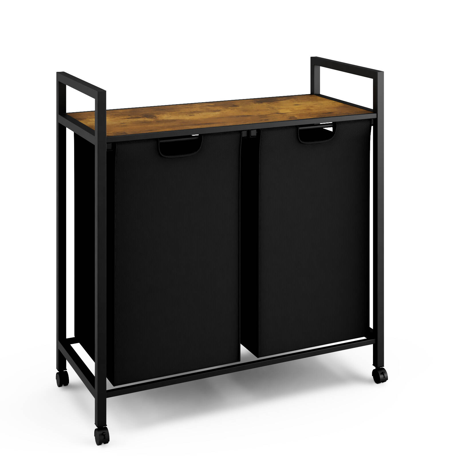 Advwin Laundry Hamper with Shelf & 2 Pull-Out Removable Bags 2x45L Black & Rustic Brown