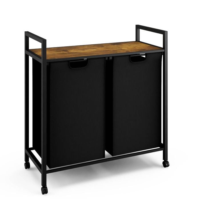 Advwin Laundry Hamper with Shelf & 2 Pull-Out Removable Bags 2x45L Black & Rustic Brown