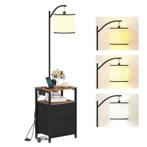 Advwin LED Side Table w/ Floor Lamp 2 Drawers & Charging Station Nightstand Sofa End Table Walnut