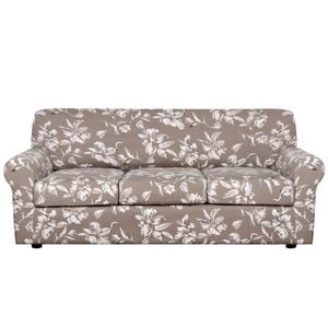 Smarcute 3 Seater Stretch Floral Pattern 4 Pieces Seperated Sofa Covers With Individual Cushions Taupe