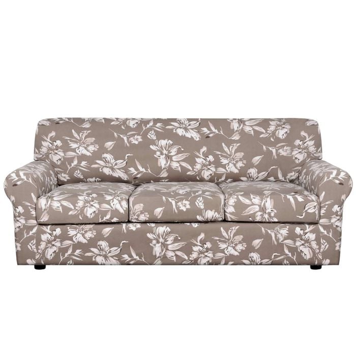 Smarcute 3 Seater Stretch Floral Pattern 4 Pieces Seperated Sofa Covers With Individual Cushions Taupe