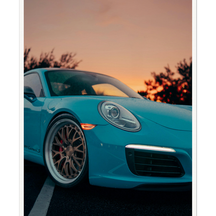 Galrie Blue Sports Car at Sunset - Modern Automotive Art Photography Print, Poster Only, A4 21 x 30cm (8 x 12inch)