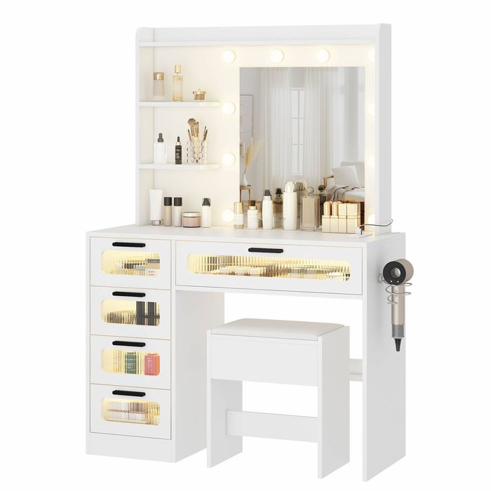 Advwin Dressing Table Stool Set with Mirror 10 LED Bulbs Vanity Desk White