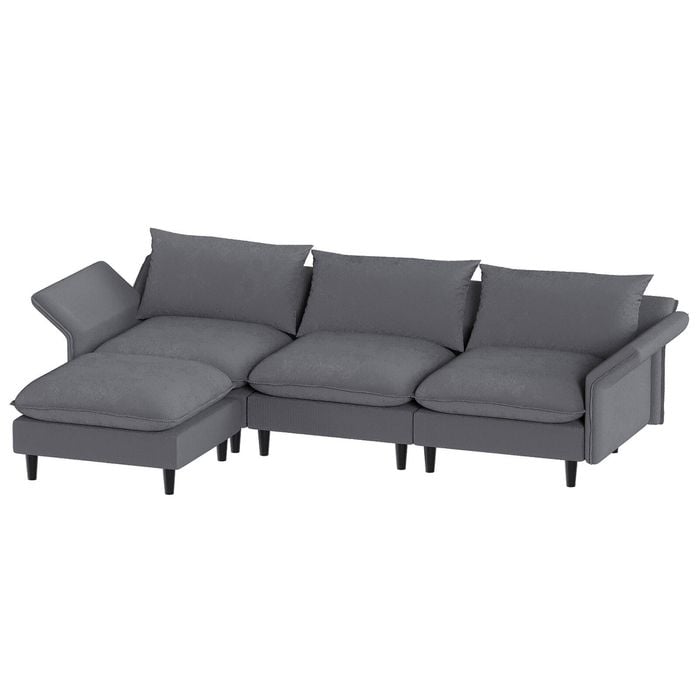 Advwin 230cm 3 Seater Sofa with Ottoman Corduroy Sectional Couch with Adjustable Backrest & Armrest Grey