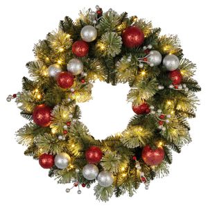 Christabelle 61cm Christmas Wreath with LED Lights Baubles Berries Red Silver Front Door Decoration
