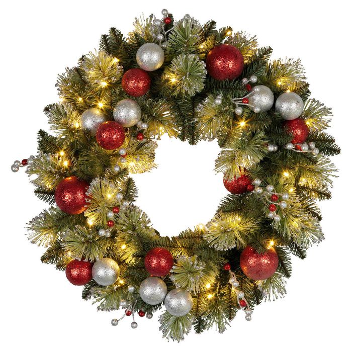 Christabelle 61cm Christmas Wreath with LED Lights Baubles Berries Red Silver Front Door Decoration