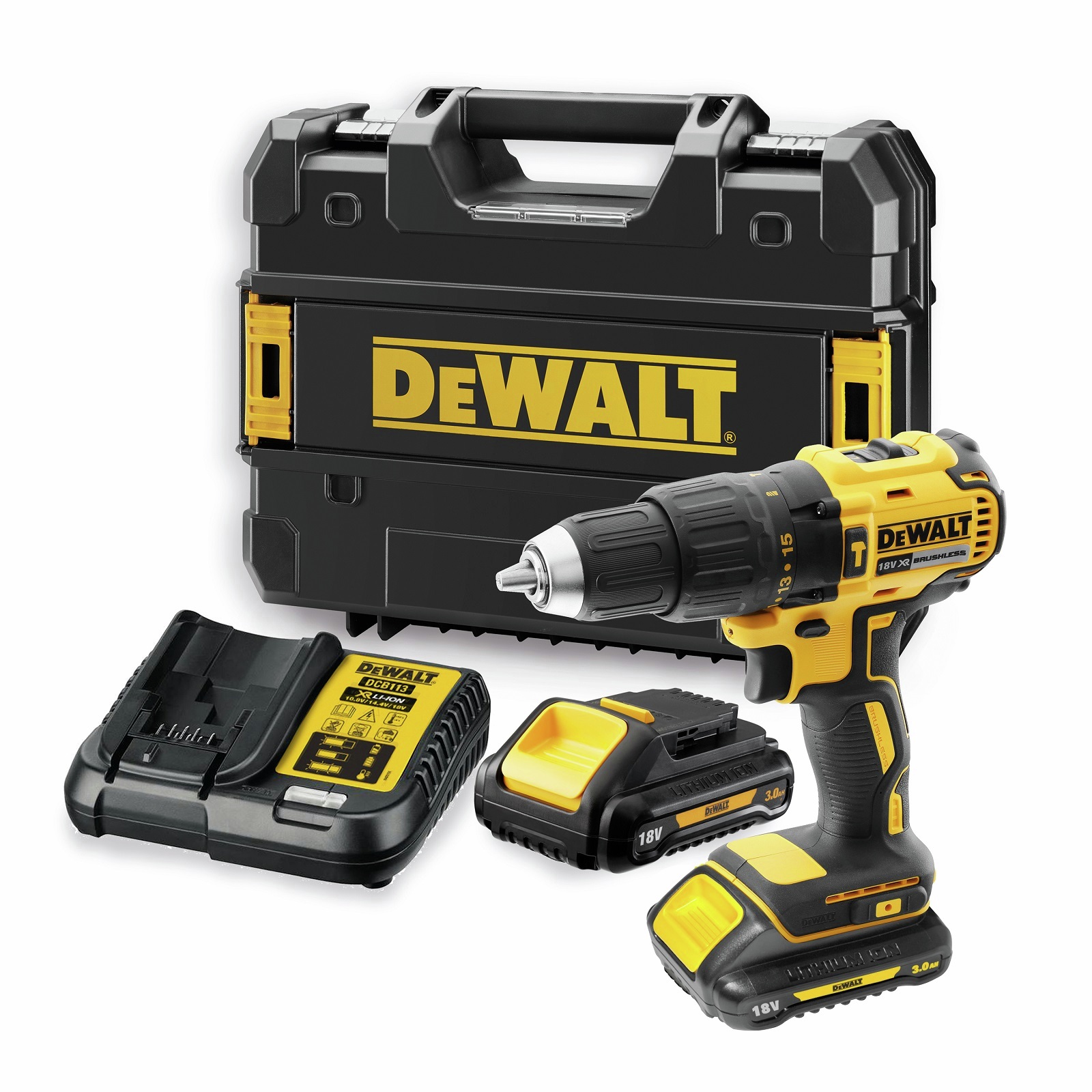 DeWALT 2 x 3.0Ah Li-Ion 18V XR Brushless Compact 2 Speed Hammer Drill Kit product image