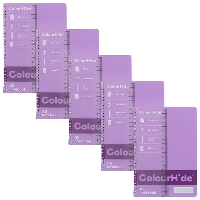 5pc Colourhide Writing Notebook W/ Ruler A5 School Stationery 200-pages Lavender