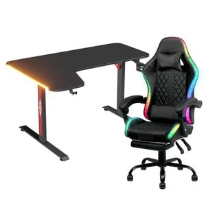 Advwin 140cm Black Gaming Desk Rgb Led Light & Gaming Chair With Footrest Led Light Black
