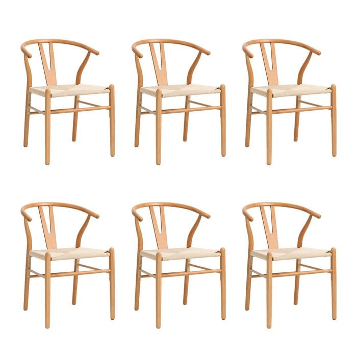 Oikiture Wooden Dining Chair Set of 6 Cafe Lounge Seat Wishbone Shaped Chair