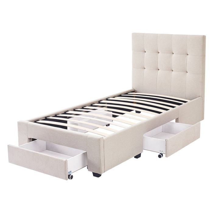 Levede Single Fabric Bed Frame Tufted 4 Drawers Storage Beige Wood Base