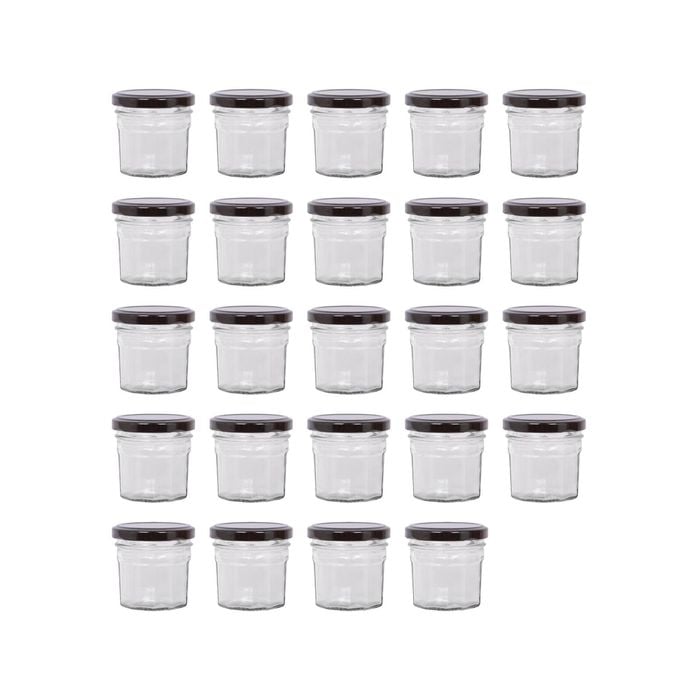 Argon Tableware 90ml Glass Jam Jars With Airtight Black Lids - Set Of 24 Empty Screw Top Kitchen Storage Preserving Jar