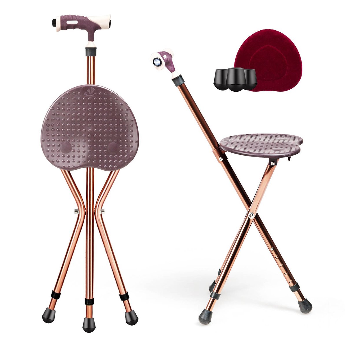 Costway Folding Walking Stick Seat Aluminum w/Handle & BuiltIn LED Light Red Bunnings Australia