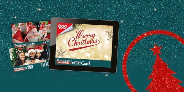 Bunnings gift vouchers on green glitter background.