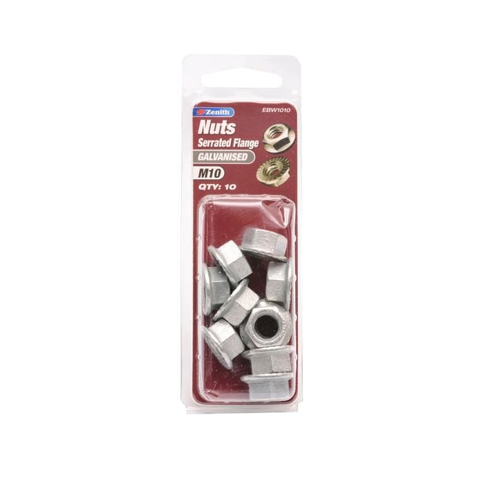 Zenith Serated Flange Nut M10 Galv 10pk