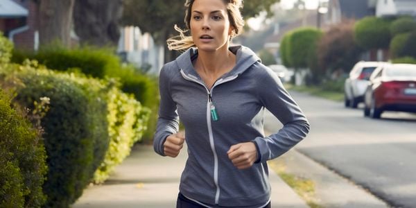 Woman running with alarm on her jumper in case of emergency