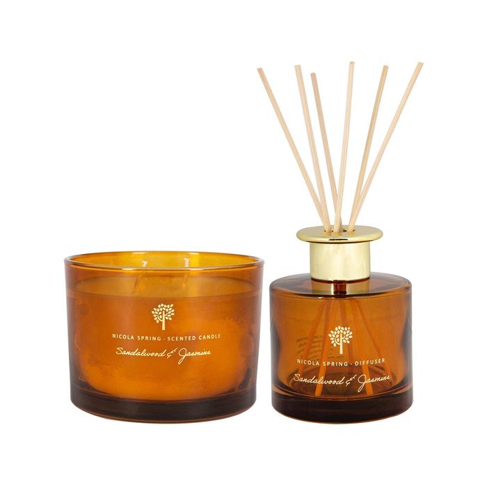 Nicola Spring Scented Candle & Reed Diffuser Set 350g - Sandalwood & Jasmine - Sweet Creamy Scent Double Wick