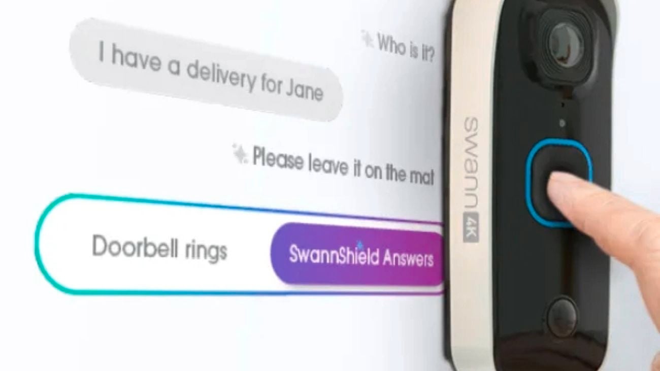 A Swann Security video doorbell with AI Voice Assistant text