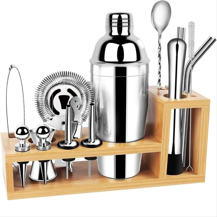 Vikus 17 Pieces Stainless Steel Cocktail Shaker Kit With Bamboo Stand (includes Recipe Book)