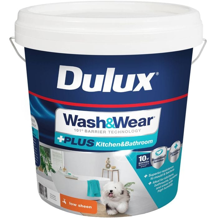 Dulux 10L Interior Paint Wash&Wear +PLUS Kitchen & Bathroom Low Sheen Vivid White
