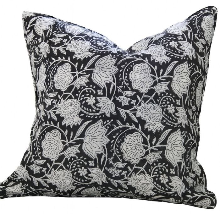 1x Kolka Black Floral Lounge Decorative Cushion Soft Cotton Cover - Black - Black | 50 cm x 50 cm | 100% cotton voile