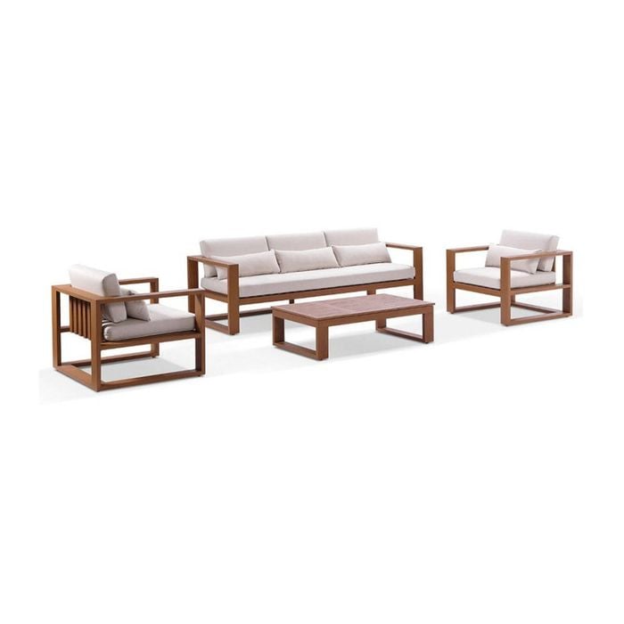 Santorini 3+1+1 Aluminium Lounge Setting Teak Look With Coffee Table & Cream Cushions