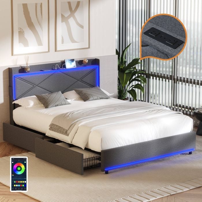 Oikiture Bed Frame LED Headboard Storage Queen Size USB Charging & Drawers