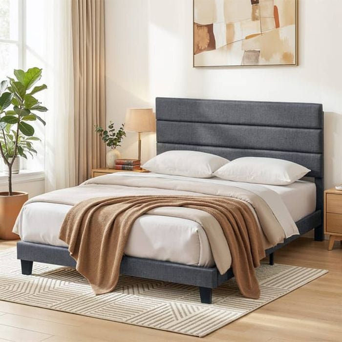 Homfurn Double Bed Frame Upholstered Platform With Geometric Headboard Grey Linen